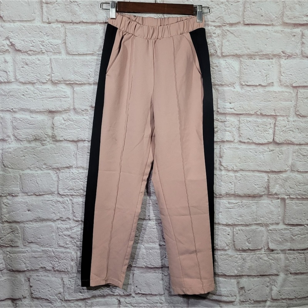 Zara Pink & Black Striped High Rise Straight Leg Jogger Pants